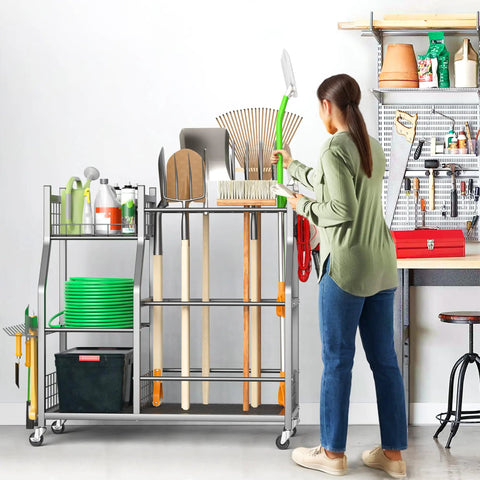 Heavy Duty Garden Tool Organizer With Lockable Wheels, Yard Tool Storage Rack For Garage And Workshop, Rake Broom Shovel Stand