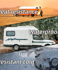 Camper and trailers in various weather conditions illustrating heat resistance, waterproof, and cold resistance capabilities.