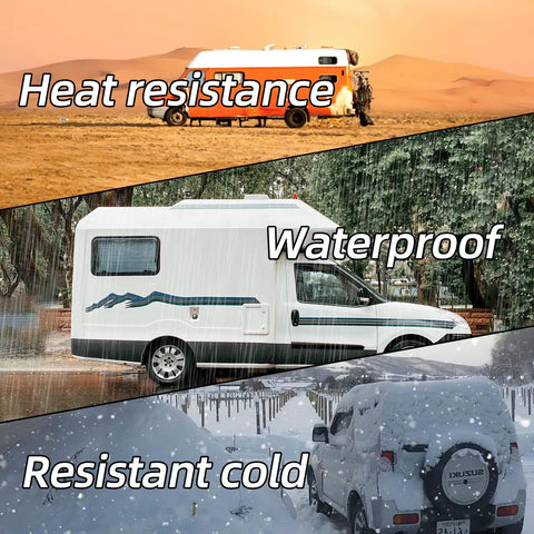 Camper and trailers in various weather conditions illustrating heat resistance, waterproof, and cold resistance capabilities.