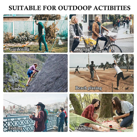 Collage showing gardening, cycling, climbing, beach games, fishing, camping, suitable for 3 Pack Men's Outdoor Wide Brim Hat With UPF 50 Plus Sun Protection.
