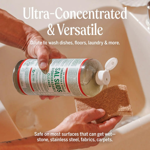 Person pouring Sal Suds Biodegradable All Purpose Cleaner Concentrate for floors, dishes, laundry onto sponge in sink
