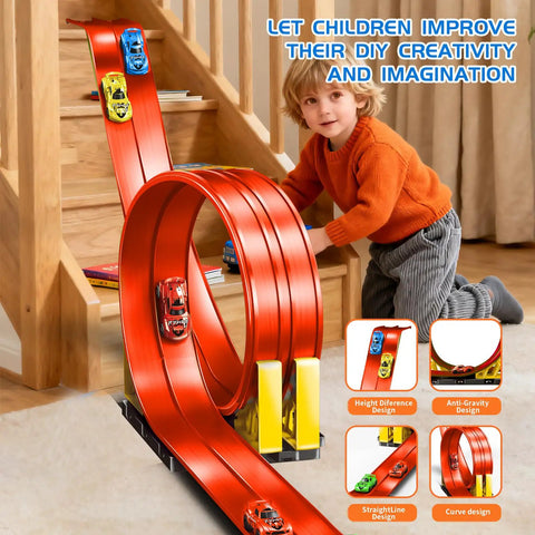 Child playing with Build Anywhere Portable Race Track With Suction Cups 20 Foot Flexible Roll Up Track That Sticks On Any Smooth Surface Fits One Sixty Fourth Scale Cars, Totally Awesome Kid Gift For Ages Four And Up, Easy To Transport And Play.