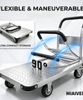 2600 Pound Capacity Steel Platform Cart With 43 By 26 Inch Flatbed Heavy Duty Industrial Moving Dolly With 6 Inch Fixed And Swivel Brake Wheels A Real Warehouse Workhorse For Inventory Tools And Equipment. Folded steel platform cart with diamond plate deck and handle, 90° storage angle.