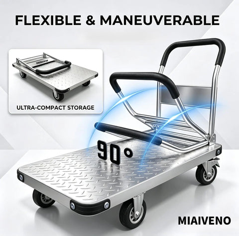 2600 Pound Capacity Steel Platform Cart With 43 By 26 Inch Flatbed Heavy Duty Industrial Moving Dolly With 6 Inch Fixed And Swivel Brake Wheels A Real Warehouse Workhorse For Inventory Tools And Equipment. Folded steel platform cart with diamond plate deck and handle, 90° storage angle.