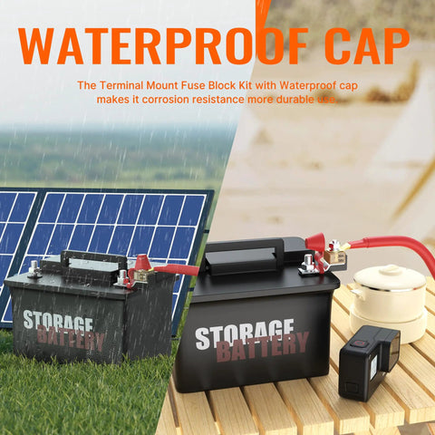 Heavy Duty Terminal Fuse Block Delivering 50 Amps And 58 Volts DC Coverage With Slick Waterproof Cap for battery mounted near solar panel.