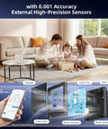 Family using Indoor Air Quality Monitor For Home With CO2 Detector And PM Sensors, smart app on phone, living room setting.