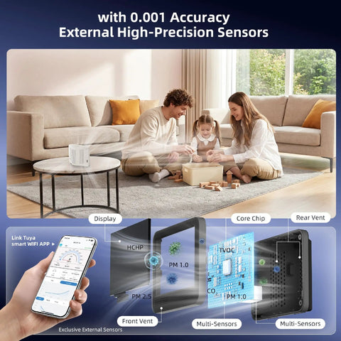 Family using Indoor Air Quality Monitor For Home With CO2 Detector And PM Sensors, smart app on phone, living room setting.