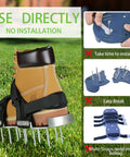 Super Easy Manual Lawn Aerator Shoes with adjustable straps on grass showing aluminum soleplate and stainless steel spikes