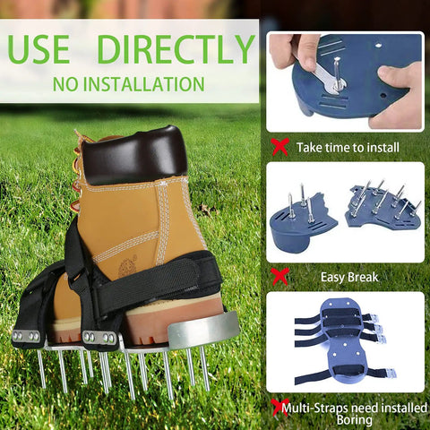 Super Easy Manual Lawn Aerator Shoes with adjustable straps on grass showing aluminum soleplate and stainless steel spikes