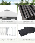 10x10 Pop Up Canopy Tent With Netting For Outdoor Parties Instant Setup Easy Setup Gazebo Height Adjustable Legs Wheeled Carry Bag Four Sand Bags No Fuss Quick Setup Ideal For Garden Patio Yard Gray with stabilization features including UV30+ top canopy, coated steel frame, guy ropes, ground stakes, and sand bags.