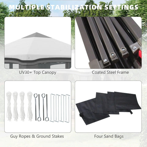 10x10 Pop Up Canopy Tent With Netting For Outdoor Parties Instant Setup Easy Setup Gazebo Height Adjustable Legs Wheeled Carry Bag Four Sand Bags No Fuss Quick Setup Ideal For Garden Patio Yard Gray with stabilization features including UV30+ top canopy, coated steel frame, guy ropes, ground stakes, and sand bags.