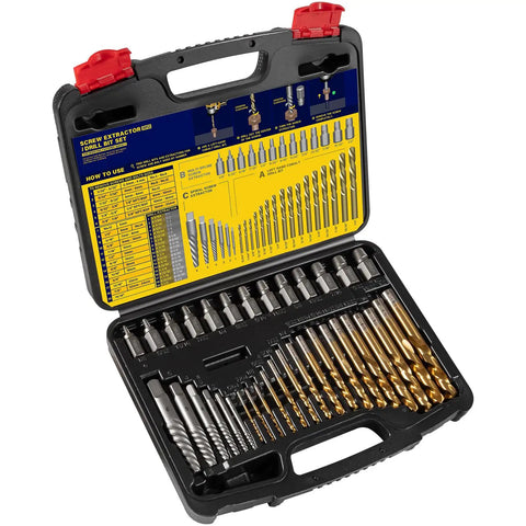 Heavy Duty 35-Piece Screw Extractor And Drill Bit Set For Pulling Broken Studs Stripped Bolts Rusted Seized Fasteners With Left Hand Cobalt Bits Perfect For Tough Auto Plumbing Job Garage Fix It Work, open case
