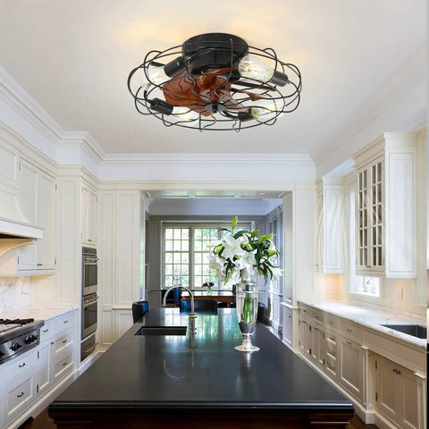 Small Mid Century Caged Ceiling Fan With Lights And Remote 20 Inch in modern kitchen setting