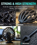 Carbon Fiber Reinforced Nylon Filament PA6-CF 1.75mm 1kg for industrial parts showing screws, helmet, fan blades, and wrench.