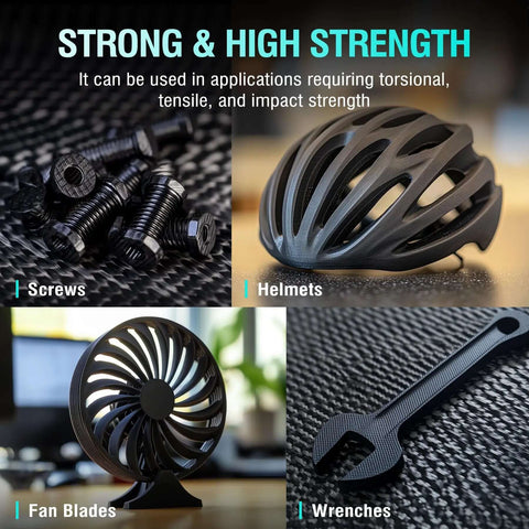 Carbon Fiber Reinforced Nylon Filament PA6-CF 1.75mm 1kg for industrial parts showing screws, helmet, fan blades, and wrench.