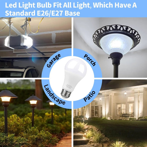Bright 4000K White LED Garage Door Opener Bulbs Two Pack, E26 Base, 9W Each, installed in various fixtures.