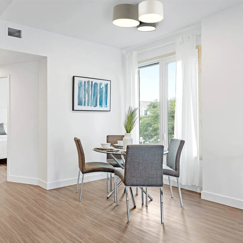 Three-Light Semi-Flush Drum Ceiling Light With Dimmable LED, Sleek Fabric Shades In White, Gray, And Cappuccino over dining room