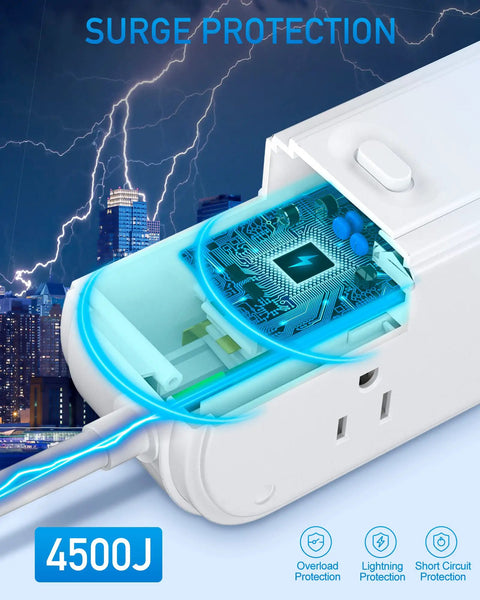 Cross-section view of All In One Power Strip Surge Protector With USB C PD, showcasing surge circuit and 4500J protection feature.