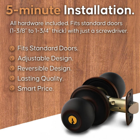 Keyed Entry Door Knob With Lock And Key ANSI Grade 3 Privacy Handle For Interior And Exterior Doors in Tuscan Bronze Finish