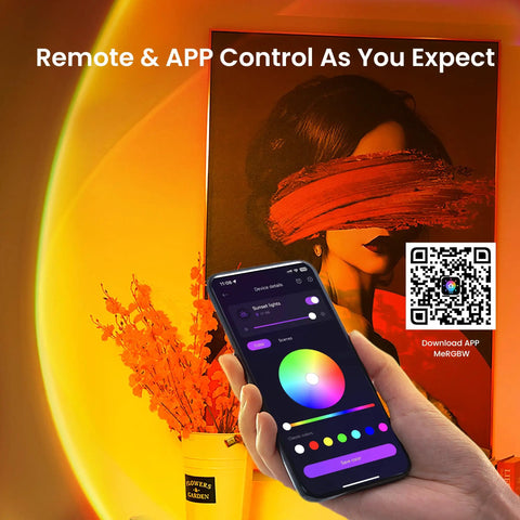 Hand holding phone showing app control for Sunset Projection Lamp With 21 Colors And 180 Degree Rotating Led Light For Party And Bedroom Decor App Control And Push Button Switch Create Romantic Sunset Ambiance Anywhere