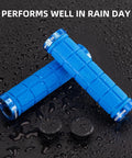 Blue Double Lock On Bike Handlebar Grips Non Slip Grippy Comfort Rubber Grips For Mountain Bike BMX Scooter shown wet.