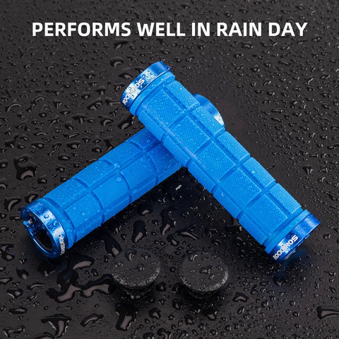 Blue Double Lock On Bike Handlebar Grips Non Slip Grippy Comfort Rubber Grips For Mountain Bike BMX Scooter shown wet.