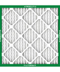 Filterbuy 20x20x1 air filter with green frame, white pleated media, MERV 8 front view