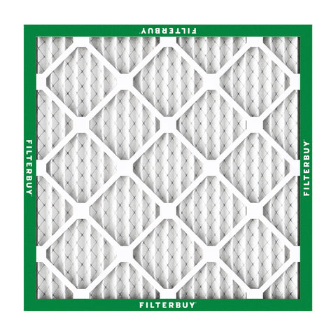 Filterbuy 20x20x1 air filter with green frame, white pleated media, MERV 8 front view