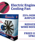 High Performance Flex-Wave LoBoy Electric Puller Fan With 16 Inch Blades Generating Massive 3000 Cfm Airflow For Superior Engine Cooling product packaging and fan illustration.
