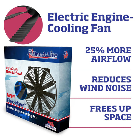 High Performance Flex-Wave LoBoy Electric Puller Fan With 16 Inch Blades Generating Massive 3000 Cfm Airflow For Superior Engine Cooling product packaging and fan illustration.