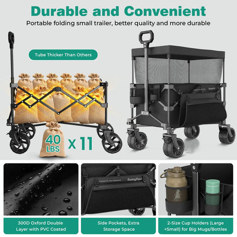 Beast Mode Folding Wagon Cart With Canopy 445L Total Space And 440Lbs Capacity 3-in-1 utility wagon with removable canopy and mesh top