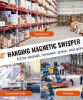 Absolute Beast 93 Pound Hanging Magnetic Sweeper Mounts To Forklifts And Overhead Rigs Heavy Duty Metal Pickup Tool image in warehouse and construction site.