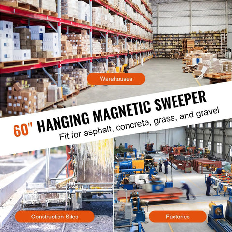 Absolute Beast 93 Pound Hanging Magnetic Sweeper Mounts To Forklifts And Overhead Rigs Heavy Duty Metal Pickup Tool image in warehouse and construction site.