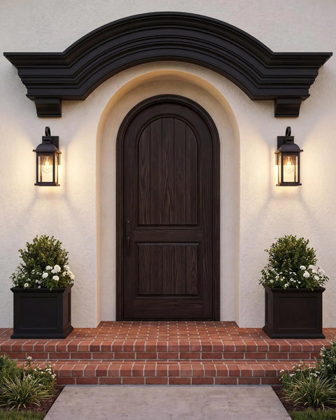 Two Pack Outdoor Wall Sconces, Waterproof Exterior Porch Lanterns With E26 Socket, showcased flanking an entryway.