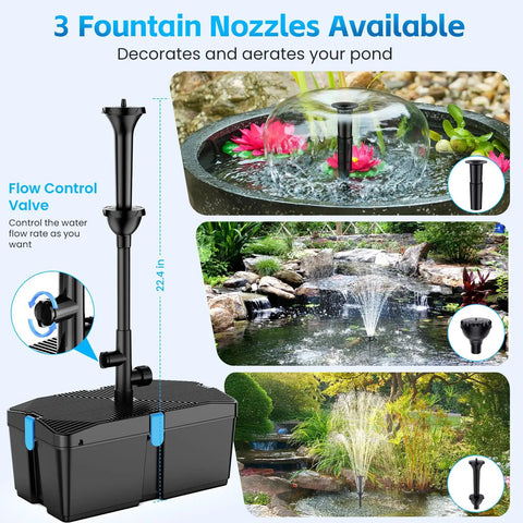 Pond Filter With Fountain Pump Kit 660 GPH with 3 fountain nozzles, shown in different water displays and flow control