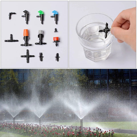 204-piece barbed irrigation fittings kit for 1/4-inch tubing; black plastic connectors including straight, tees, elbows, end plugs, and 4-way coupling