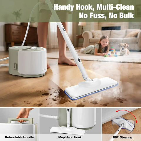 Heavy Duty Steam Crusher Blasts Through Gunk Stat With Five Bar Pressure And Industrial Stainless Boiler Ships Ready With A Twenty Piece Accessory Kit To Handle Every Mess Today in a living room, cleaning floor.
