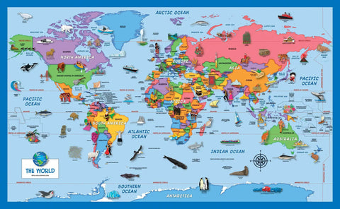 World and US Map Posters for Kids Double Pack Laminated 18 by 29 Inches Colorful Illustrated Kid Friendly Set of 2 Educational Decor