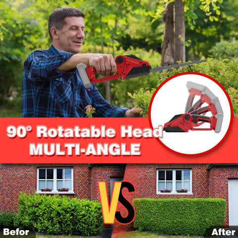 Man using 2-In-1 Cordless Hedge Trimmer And Grass Shears, 2200 RPM Handheld Electric Trimmer with rotatable head in garden