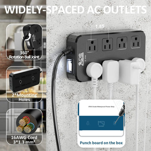 All Weather Outdoor Power Strip With 8 Outlets And 3 USB Ports IPX6 Waterproof Surge Protector For Garden And Patio 6Ft Flat Plug Fireproof ABS Black mounted on wall