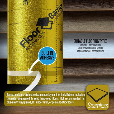 Real Deal Floor Underlayment With No Sweat Moisture Barrier features built-in adhesive for laminate and hardwood floors.