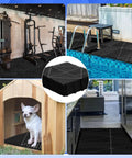 72 Pcs 12x12 Interlocking Garage Floor Tiles Drainage Flooring Tough As Nails Non Slip Polypropylene Easy Install For Garage Deck Pool Patio Shower Black Tiles installed in various settings like gym, poolside, dog house, and kitchen.