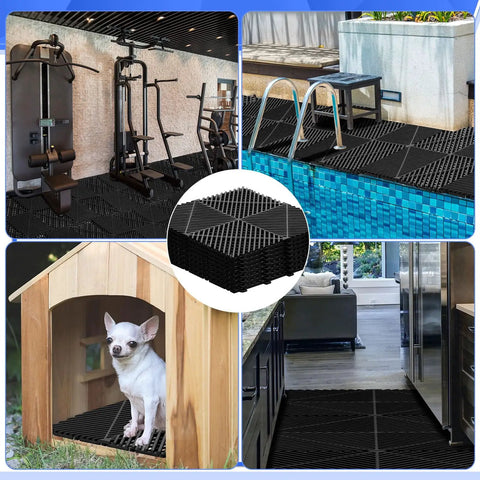 72 Pcs 12x12 Interlocking Garage Floor Tiles Drainage Flooring Tough As Nails Non Slip Polypropylene Easy Install For Garage Deck Pool Patio Shower Black Tiles installed in various settings like gym, poolside, dog house, and kitchen.