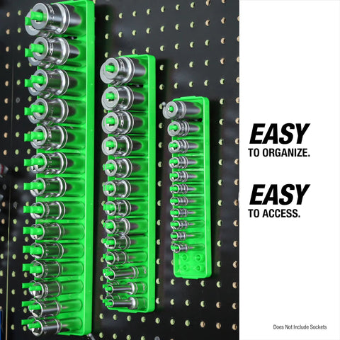 Six Tray Socket Organizer For SAE And Metric Sockets Fits One Quarter, Three Eighths, And One Half Inch Drives in green trays on pegboard