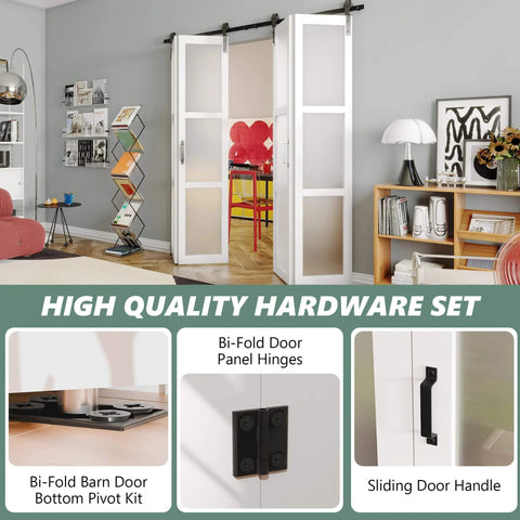 Space Saving Bifold Barn Door Kit With Sliding Hardware For Closet, White MDF Frame, shown installed in living room.