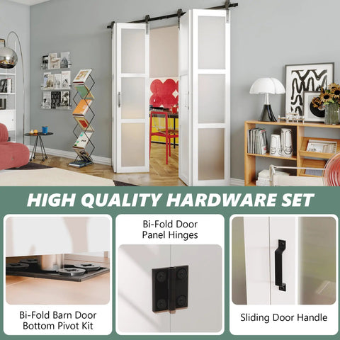 Kick Up Your Home Game With This Slick Bifold Barn Door 48 By 84 Inches Featuring Tempered Frosted Glass Panels Plus Complete Wall Track Hardware Kit That Glides Smooth And Folds Back Tight For Laundry Closets And Pantries, showing bifold doors with frosted glass panels and hardware.