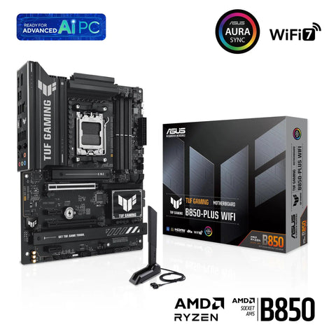 TUF Gaming B850-Plus WiFi AM5 ATX Motherboard With DDR5 PCIe 5.0 Three M.2 Slots AI Ready WiFi 7 2.5Gb LAN USB 10Gbps Type C USB 20Gbps Type C DisplayPort HDMI BIOS Flashback Ready