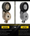 Premium Drive Belt Tensioner Idler Pulley Serpentine Kit on a rusted and new pulley assembly before and after comparison