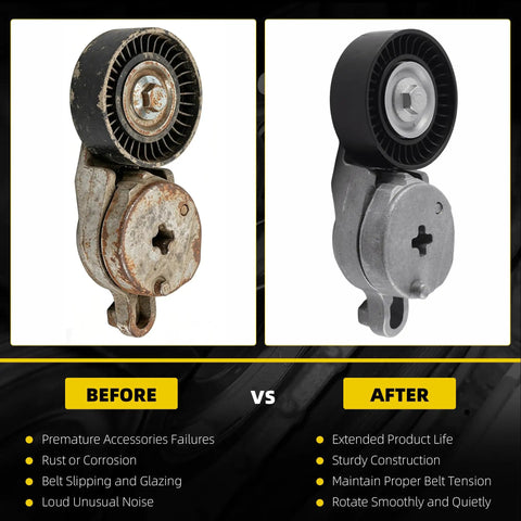 Premium Drive Belt Tensioner Idler Pulley Serpentine Kit on a rusted and new pulley assembly before and after comparison