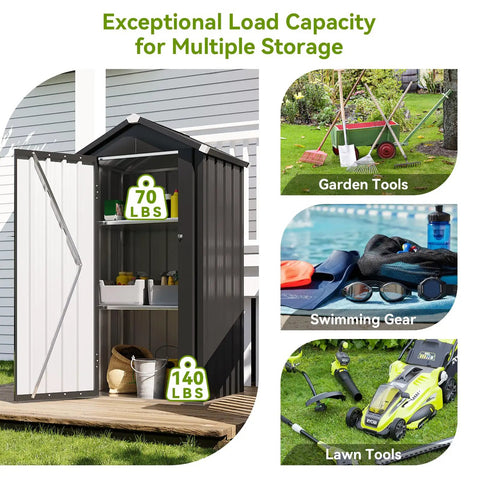 Vertical Metal Tool Cabinet With Floor Weatherproof Outdoor Storage Shed 21 Cu Ft Capacity 5.25 Ft Tall 2.5 By 2 Ft Footprint Adjustable Shelves open with garden and lawn tools inside